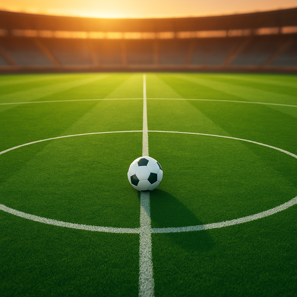 A football pitch viewed from above with a ball on the center spot